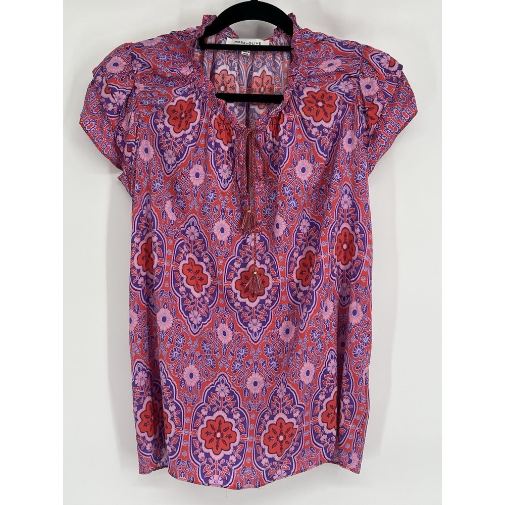 Rose + Olive Women's M Boho Medallion Flutter Sleeve Blouse Fairy Ruffle Floral